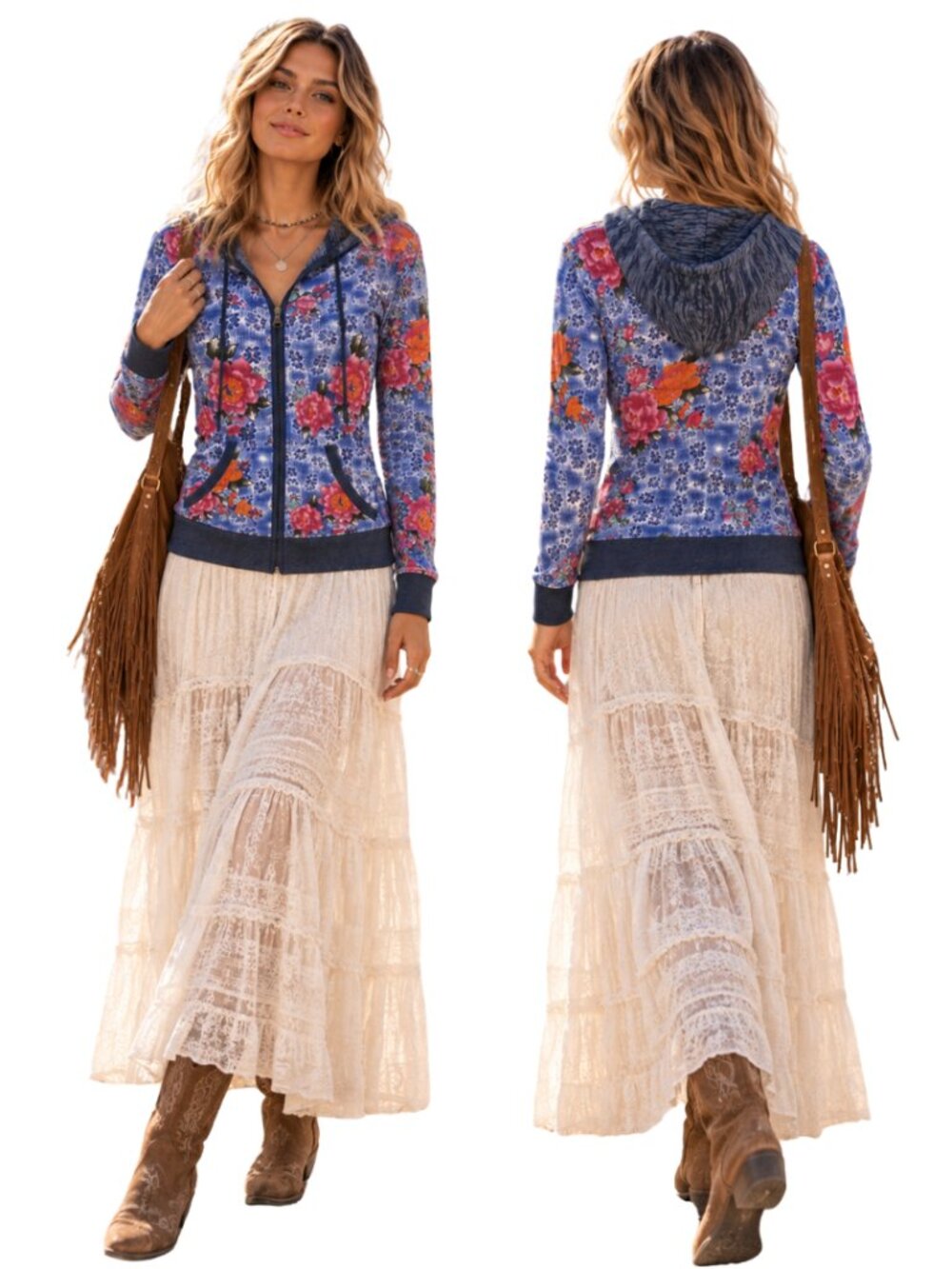 Y2K Free People Floral Thermal Full Zip Hoodie Sweatshirt Womens Large Blue Boho
